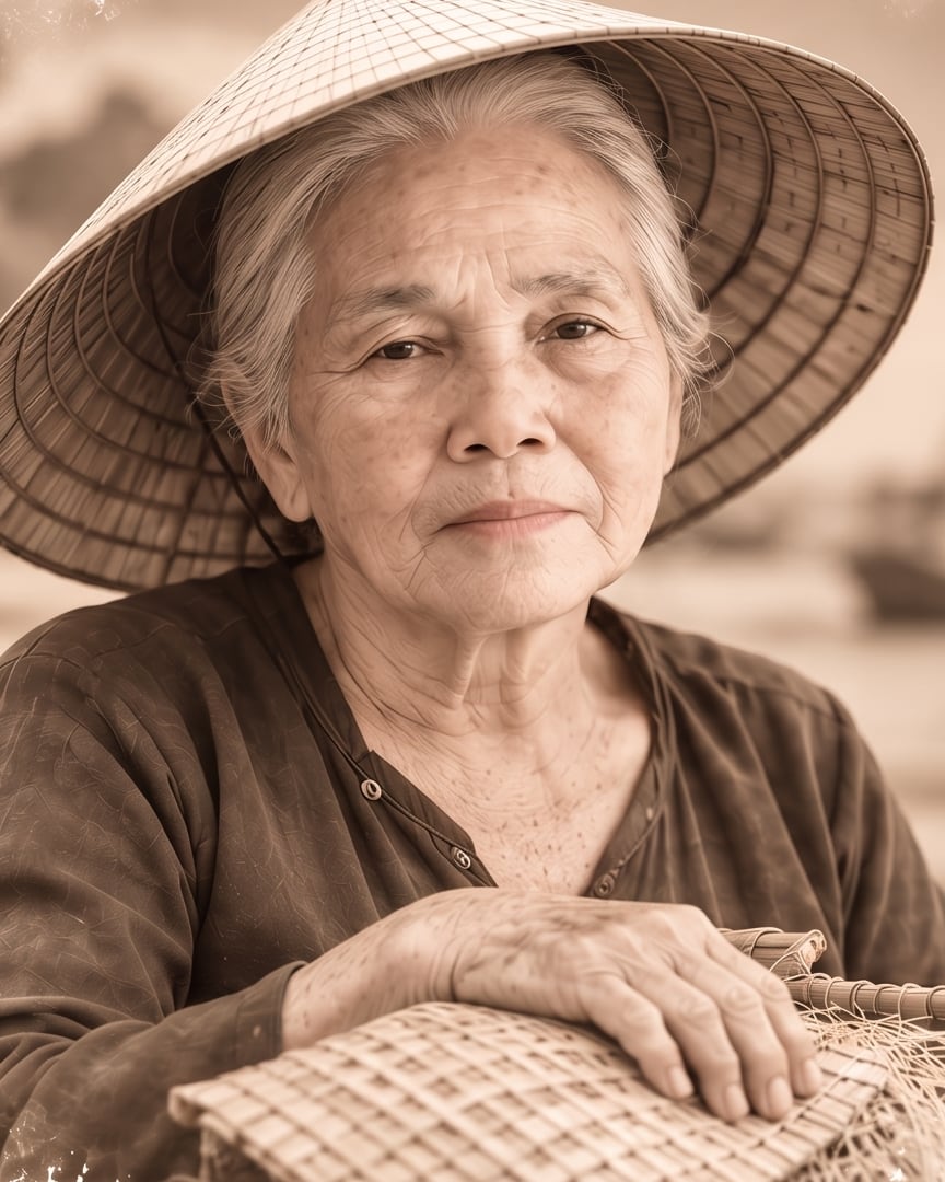 Chân dung minh họa Bà Ba: bà cụ đội nón lá, tay đặt trên chiếc rổ đan, phía sau là biển Mũi Né